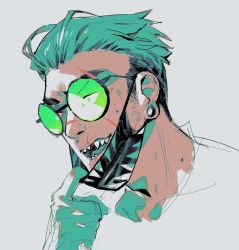 Rule 34 | 1boy, apex legends, aqua gloves, aqua hair, commentary, english commentary, gloves, hair behind ear, head only, highres, looking to the side, male focus, mask, mask pull, missing tooth, mouth mask, octane (apex legends), open mouth, round eyewear, sarah stone, sharp teeth, sketch, solo, sunglasses, teeth, undercut