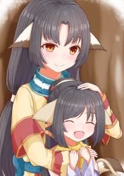 Rule 34 | 2girls, age difference, aged down, ainu clothes, animal ears, aquaplus, black hair, blue sash, blush, breasts, cat tail, closed eyes, closed mouth, dress, eruruu, eyelashes, hand on another&#039;s head, headpat, high ponytail, highres, inariko, kuon (utawarerumono), layered sleeves, long hair, long sleeves, looking at viewer, low-tied long hair, multiple girls, open mouth, orange eyes, parted bangs, ponytail, raised eyebrows, sash, scarf, sidelocks, small breasts, swept bangs, tail, upper body, utawarerumono, utawarerumono: itsuwari no kamen, very long hair, wide sleeves, yellow scarf
