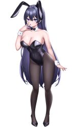 Rule 34 | 1girl, absurdres, animal ears, black bow, black bowtie, black footwear, black hair, black leotard, black pantyhose, blue eyes, bow, bowtie, breasts, commentary request, covered navel, detached collar, full body, high heels, highres, large breasts, leotard, long hair, looking at viewer, original, pantyhose, playboy bunny, rabbit ears, rita (arumhh), simple background, solo, standing, strapless, strapless leotard, tachi-e, white background, wrist cuffs