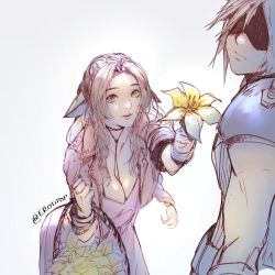 Rule 34 | 1boy, 1girl, aerith gainsborough, bow, braid, breasts, brown hair, cloud strife, commentary, cropped jacket, dress, english commentary, erotipop, final fantasy, final fantasy vii, flower, green eyes, hair ribbon, holding, holding flower, jewelry, large breasts, long dress, long hair, looking at another, loveless avenue, necklace, pink dress, ribbon, shaded face, spiked hair, square enix