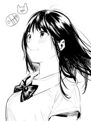 Rule 34 | 1girl, bad id, bad twitter id, black hair, blush, breasts, collared shirt, from side, greyscale, highres, kamiyama aya, large breasts, long hair, looking up, monochrome, original, shirt, short sleeves, smile, solo, upper body, wind