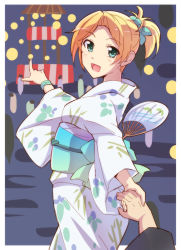 Rule 34 | 10s, 1girl, :d, blonde hair, bracelet, e20, floral print, green eyes, hair ornament, hand fan, holding hands, japanese clothes, jewelry, kantai collection, kimono, looking at viewer, maikaze (kancolle), obi, open mouth, outside border, paper fan, pointing, ponytail, pov, sash, short ponytail, smile, uchiwa