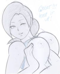 Rule 34 | 1girl, ;), breasts, clothes lift, highres, large breasts, long hair, nintendo, nipples, one eye closed, paizuri, penis, ponytail, shirt lift, smile, solo, solo focus, tabletorgy, tank top, uncensored, wii fit, wii fit trainer, wii fit trainer (female)