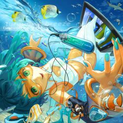 Rule 34 | 1girl, air bubble, aqua eyes, aqua hair, aqua nails, bare shoulders, bird, blue sky, breasts, bubble, clownfish, computer, detached sleeves, display, diving, fish, freediving, hatsune miku, highres, landscape, long hair, looking at viewer, monitor, navel, ocean, open mouth, outdoors, scenery, school of fish, sea sparkle, seagull, seascape, sky, smile, solo, submerged, swimming, swimsuit, thighhighs, tim yan, tropical fish, twintails, underwater, very long hair, vocaloid, water, waves
