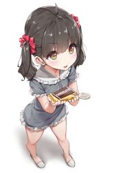 Rule 34 | 1girl, absurdres, black hair, brown eyes, candy, child, chocolate, chocolate bar, cupping hands, dress, food, frilled dress, frills, from above, full body, grey dress, hair ornament, hair scrunchie, highres, holding, lollipop, open mouth, original, own hands together, red scrunchie, scrunchie, short dress, short sleeves, solo, standing, twintails, wet.elephant