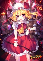 Rule 34 | 1girl, ascot, bandages, blonde hair, blush, buttons, chain, clothes lift, curtains, fang, flandre scarlet, frilled skirt, frills, hat, hat ribbon, heart, highres, holding, holding weapon, laevatein, lifted by self, looking at viewer, mob cap, open mouth, puffy short sleeves, puffy sleeves, red eyes, red ribbon, red skirt, ribbon, ribbon-trimmed sleeves, ribbon trim, short sleeves, skirt, skirt lift, skirt set, smile, solo, squchan, standing, stuffed animal, stuffed toy, stuffing, teddy bear, touhou, vest, weapon, white hat, wings, wrist cuffs
