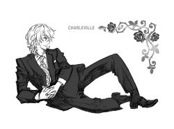 Rule 34 | 1boy, alternate costume, character name, charleville (senjuushi), curly hair, expressionless, formal, from side, greyscale, hatching (texture), kinoshita sakura, linear hatching, male focus, mixed media, monochrome, necktie, own hands clasped, own hands together, senjuushi: the thousand noble musketeers, senjuushi (series), solo, striped necktie, striped neckwear, suit