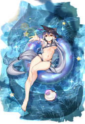 Rule 34 | 1girl, absurdres, alternate costume, arknights, arrow (symbol), bare legs, barefoot, bikini, black bikini, black hat, breasts, cleavage, cocktail umbrella, coconut, fh moya, fish, full body, hair between eyes, hat, highres, innertube, lens flare, long hair, looking at viewer, low-tied long hair, lying, medium breasts, nail polish, navel, on back, orca, outstretched hand, parted lips, red eyes, red nails, ribbon, shadow, silver hair, skadi (arknights), solo, star (symbol), swim ring, swimsuit, thighs, toenail polish, toenails, toned, underboob, very long hair, water, wrist ribbon