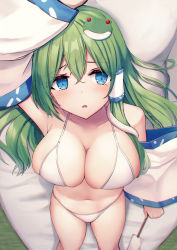 Rule 34 | 1girl, absurdres, arm up, bikini, blue eyes, blush, breasts, detached sleeves, eyes visible through hair, feet out of frame, frog hair ornament, gohei, green hair, hair between eyes, hair ornament, hair tubes, highres, holding, holding stick, kochiya sanae, large breasts, liya, long hair, long sleeves, lying, navel, on back, on bed, open mouth, snake hair ornament, solo, stick, swimsuit, touhou, upside-down