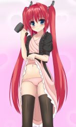 Rule 34 | 1girl, 3:, black thighhighs, blue eyes, borrowed character, casual, clothes lift, dress, dress lift, hair ornament, hammer, highres, holding, long hair, looking at viewer, navel, original, panties, red hair, sogaya, solo, thighhighs, twintails, underwear, very long hair