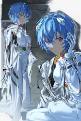 Rule 34 | 1girl, absurdres, ayanami rei, blue hair, breasts, closed mouth, crack, cracked wall, expressionless, gloves, hair between eyes, hand on own head, hand up, highres, interface headset, looking at viewer, multiple views, neon genesis evangelion, pilot suit, plugsuit, raincoat, red eyes, short hair, small breasts, solo, squatting, standing, tokeru, transparent raincoat, white gloves