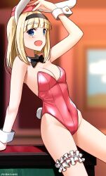 Rule 34 | 1girl, animal ears, black bow, black bowtie, blonde hair, blue eyes, blush, bow, bowtie, breasts, chinese zodiac, cleavage, covered navel, fake animal ears, fake tail, hairband, hat, highres, hiroshi (hunter-of-kct), indoors, leotard, looking at viewer, luminous witches, maria magdalena dietrich, open mouth, playboy bunny, rabbit ears, rabbit tail, small breasts, smile, solo, tail, world witches series, year of the rabbit