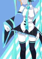 Rule 34 | 1girl, black skirt, black thighhighs, blue nails, blue necktie, closed mouth, clothes pull, collared shirt, commentary request, detached sleeves, feet out of frame, grey shirt, hatsune miku, headphones, jaco, long hair, long sleeves, nail polish, necktie, pleated skirt, shirt, skirt, skirt pull, sleeveless, sleeveless shirt, smile, solo, standing, thighhighs, twintails, very long hair, vocaloid, wide sleeves, wing collar