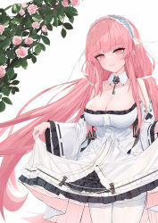 Rule 34 | 1girl, absurdly long hair, azur lane, bare shoulders, breasts, cleavage, detached collar, dress, flower, frilled dress, frills, highres, large breasts, long hair, pantyhose, perseus (azur lane), pink eyes, pink flower, pink hair, pink rose, rose, shian-chu, simple background, skirt hold, solo, very long hair, white background, white dress, white pantyhose