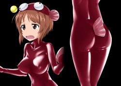Rule 34 | 10s, 1girl, anglerfish costume, animal hat, ass, black background, breasts, breasts apart, brown eyes, brown hair, covered collarbone, covered erect nipples, embarrassed, fins, girls und panzer, hat, impossible clothes, legs together, looking away, lower body, multiple views, nishizumi miho, open mouth, parted bangs, sakurai tene, short hair, simple background, skin tight, standing, wavy mouth