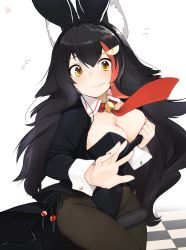 Rule 34 | 1girl, animal ear fluff, animal ears, black hair, black jacket, blush, breasts, brown pantyhose, checkered floor, cleavage, closed mouth, cowboy shot, detached collar, flying sweatdrops, hair ornament, hairclip, highres, hololive, jacket, leotard, long hair, long sleeves, looking at viewer, medium breasts, multicolored hair, necktie, nejime, ookami mio, pantyhose, playboy bunny, red hair, signature, solo, streaked hair, tail, tail wrap, very long hair, virtual youtuber, wolf ears, wolf girl, wolf tail, yellow eyes