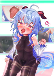 Rule 34 | 1girl, absurdres, ahoge, artist request, bare shoulders, blue hair, blush, bodysuit, breasts, detached sleeves, ganyu (genshin impact), genshin impact, highres, horns, leotard, long hair, looking at viewer, open mouth, pantyhose, red eyes, shiny clothes, shiny skin, sitting, solo, tongue, tongue out, very long hair, wariza
