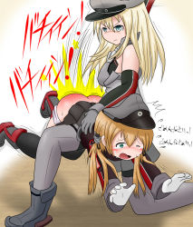 Rule 34 | 2girls, angry, ass, bent over, bismarck (kancolle), butt crack, highres, kantai collection, keyneq, multiple girls, open mouth, prinz eugen (kancolle), spanked, spanking, sweat, tears, white background