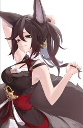 Rule 34 | 1girl, animal ears, bare arms, bare shoulders, black dress, breasts, brown hair, cleavage, commentary, dress, fox ears, fox tail, green eyes, highres, honkai: star rail, honkai (series), large breasts, long hair, looking at viewer, ponytail, r dancer, revision, sidelocks, simple background, sleeveless, sleeveless dress, smile, solo, tail, tingyun (honkai: star rail), upper body, white background