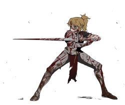 Rule 34 | 1girl, alternate costume, armor, blonde hair, blood, blood on face, bloody weapon, clarent (fate), crazy smile, fate/grand order, fate (series), from side, green eyes, hair ornament, hair scrunchie, highres, jason kim, latex, mordred (fate), mordred (fate/apocrypha), plate armor, ponytail, red scrunchie, scrunchie, smile, solo, weapon, white bag