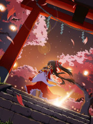 Rule 34 | 1girl, arch, backlighting, bow, brown eyes, brown hair, cherry blossoms, detached sleeves, dress, evening, female focus, floating hair, hair bow, hakurei reimu, light rays, long sleeves, outdoors, plant, red bow, red dress, shrine, solo, stairs, sunlight, sunset, torii, touhou, tree, wind