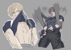Rule 34 | 1boy, abs, black pants, blonde hair, blue eyes, blue shirt, collage, gloves, grey background, highres, knife, leon s. kennedy, male focus, pants, pectoral cleavage, pectorals, resident evil, shirt, short sleeves, simple background, tagme, thigh strap, torn cloth, worried, ya2der2