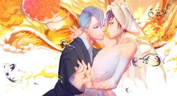 Rule 34 | 10s, 2boys, bad id, bad pixiv id, bare shoulders, blue eyes, bouquet, bride, brown eyes, brown hair, champagne flute, crossdressing, cup, dress, drinking glass, eye contact, flower, formal, grey necktie, groom, highres, holding hands, husband and husband, jewelry, katsuki yuuri, looking at another, male bride, male focus, multiple boys, necktie, otsuatsushi, ring, silver hair, smile, spill, suit, viktor nikiforov, wedding dress, yaoi, yuri!!! on ice