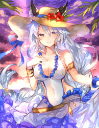 Rule 34 | 10s, 1girl, animal ears, armlet, asada sadao, bangle, blush, bracelet, breasts, cat ears, cleavage, cloud, covered erect nipples, erune, granblue fantasy, hair tubes, heles, highres, jewelry, large breasts, leaf, long hair, one-piece swimsuit, silver hair, sky, smile, solo, swimsuit, twilight, white one-piece swimsuit, yellow eyes