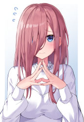 Rule 34 | 1girl, blue eyes, blush, border, breasts, closed mouth, go-toubun no hanayome, gradient background, hair between eyes, hair over one eye, highres, large breasts, long hair, long sleeves, looking at viewer, nakano miku, own hands together, pink hair, shirt, sidelocks, simple background, solo, tiara (871220), upper body, wavy mouth, white border, white shirt