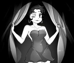 Rule 34 | 1girl, absurdres, bare shoulders, betty boop, betty boop (series), breasts, cleavage, closed mouth, collarbone, commentary, dress, earrings, eyelashes, highres, holding curtain, hoop earrings, jewelry, lipstick, looking at viewer, makeup, medium breasts, monochrome, one eye closed, shadow, short dress, short hair, solo, strapless, strapless dress, yongelli13