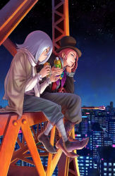 Rule 34 | 2boys, aqua eyes, bandages, baron salamander, boots, bottle, brown capelet, brown footwear, building, cane, capelet, city, city lights, cityscape, eating, food, food on face, formal, from side, gem, green tea, hair between eyes, hair over one eye, heartcatch precure!, highres, holding, holding bottle, itou shin&#039;ichi, long hair, looking at another, male focus, mask, multiple boys, night, night sky, olivier (heartcatch precure!), outdoors, plastic bottle, pointy footwear, precure, red hair, sandwich, scarf, scenery, shirt, shoes, sideburns, sideways glance, silver hair, sky, star (sky), starry sky, tea, tokyo tower, tuxedo, white scarf, white shirt, yellow eyes