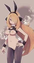 Rule 34 | 1girl, animal ears, bad id, bad pixiv id, bare shoulders, black legwear, black vest, blonde hair, bow, bowtie, breastless clothes, breasts, cleft of venus, closed mouth, collarbone, creatures (company), crop top, cynthia (pokemon), detached collar, fake animal ears, fake tail, female focus, female pubic hair, game freak, grey background, grey eyes, hair ornament, hair over one eye, hairband, hand on own hip, happy, highres, lamb-oic029, large breasts, long hair, meme attire, navel, nintendo, nipples, outline, pokemon, pokemon dppt, pubic hair, pussy, rabbit ears, rabbit tail, reverse bunnysuit, reverse outfit, shiny skin, simple background, smile, solo, standing, stomach, striped bow, striped bowtie, striped clothes, striped neckwear, tail, uncensored, very long hair, vest, white outline, wristband