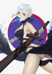 Rule 34 | 1girl, absurdres, armpits, artoria pendragon (all), artoria pendragon (alter swimsuit rider) (third ascension) (fate), artoria pendragon (fate), ass, backless outfit, bad id, bad pixiv id, bare shoulders, bikini, black ribbon, blonde hair, braid, breasts, cleavage, clothing cutout, collar, excalibur morgan (fate), fate/grand order, fate (series), food, food in mouth, french braid, gothic lolita, hair bun, highres, holding, holding sword, holding weapon, ice cream bar, lace, lolita fashion, looking to the side, maid, maid bikini, navel cutout, ribbon, saber alter, sakupannda06o, silver hair, single hair bun, solo, swimsuit, sword, unconventional maid, weapon, yellow eyes