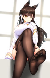 Rule 34 | 1girl, animal ears, atago (azur lane), azur lane, black hair, black thighhighs, breasts, brown eyes, commentary request, crossed legs, feet, female focus, foot focus, from below, garter straps, gloves, hair ribbon, highres, impossible clothes, large breasts, long hair, long sleeves, looking at viewer, military, military uniform, mole, mole under eye, nekoda (maoda), no shoes, revision, ribbon, sitting, skindentation, smile, soles, solo, thighhighs, toes, uniform, white gloves, white ribbon, window