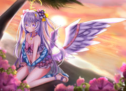 Rule 34 | 1girl, absurdres, azusa (blue archive), azusa (swimsuit) (blue archive), beach, bead necklace, beads, bikini, bikini skirt, blue archive, blurry, blurry background, crossed bangs, depth of field, feathered wings, floating hair, flower, frilled bikini, frills, full body, hair between eyes, hair flower, hair ornament, hair ribbon, halo, highres, hinase yuu, jewelry, knees together feet apart, long hair, looking at viewer, midriff, multicolored bikini, multicolored clothes, navel, necklace, palm tree, pink eyes, platform footwear, purple flower, ribbon, sandals, simple background, solo, strapless, strapless bikini, sunset, swimsuit, tree, wedge heels, white background, white hair, white wings, wings