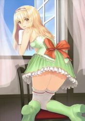 Rule 34 | 1girl, :d, absurdres, blonde hair, boots, bow, brown eyes, chair, dress, elmina (shining tears x wind), elmina (shining wind x), frills, from behind, gloves, hair between eyes, highres, knees together feet apart, open mouth, sega, shining (series), shining blade, smile, thighhighs, tony taka, window