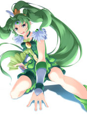 Rule 34 | 10s, 1girl, bike shorts, bike shorts under skirt, bow, brooch, choker, cure march, green bow, green eyes, green hair, green shorts, green skirt, green theme, highres, jewelry, long hair, looking away, magical girl, matching hair/eyes, midorikawa nao, open mouth, ponytail, precure, serious, shorts, shorts under skirt, simple background, skirt, smile precure!, solo, squatting, teeth, tri tails, white background, wrist cuffs, ytyrytyr