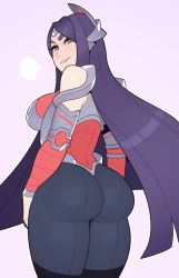 Rule 34 | 1girl, absurdres, ass, bare shoulders, blush, breasts, breath, commentary, green eyes, highres, irelia, large breasts, league of legends, long hair, looking at viewer, looking back, pants, purple background, purple hair, simple background, solo, splashbrush, thighs, tight clothes, tight pants, very long hair