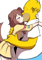 Rule 34 | 1girl, absurdres, animal ears, art style clash, bone hair ornament, brown eyes, brown hair, chromodomo, crossover, dog ears, dog girl, dog tail, eastern and western character, hair ornament, highres, hololive, homer simpson, inugami korone, inugami korone (1st costume), kiss, shirt, simple background, tail, the simpsons, virtual youtuber, what, white background, white shirt