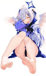 Rule 34 | 1girl, :d, absurdres, amane kanata, amane kanata (work), angel wings, animal, animal hug, axolotl, axolotl (minecraft), bare legs, barefoot, black gloves, black panties, blue hair, blue skirt, cameltoe, closed eyes, commentary, feathered wings, feet, foot focus, foreshortening, full body, gloves, halo, highres, hololive, hood, hood down, hooded jacket, jacket, knees together feet apart, leviathan (hikinito0902), long hair, long sleeves, minecraft, multicolored hair, open mouth, panties, pantyshot, partially fingerless gloves, silver hair, sitting, skirt, smile, soles, star halo, streaked hair, thighs, toes, two-tone hair, two side up, underwear, upskirt, very long hair, virtual youtuber, white background, white jacket, white wings, wings