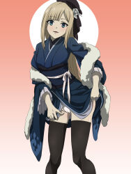 Rule 34 | 1girl, absurdres, alternate costume, black headwear, blonde hair, blue kimono, blunt bangs, brown thighhighs, cameltoe, cape, fate (series), feet out of frame, fur-trimmed cape, fur trim, gradient background, green eyes, highres, japanese clothes, kimono, long hair, lord el-melloi ii case files, nomanota, obi, panties, red background, reines el-melloi archisorte, sash, skindentation, solo, standing, thighhighs, underwear, white background, white panties