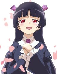 Rule 34 | 1girl, black hair, black jacket, bow, collar, commentary request, crying, crying with eyes open, falling petals, flower, flower ornament, frilled collar, frilled sleeves, frills, gokou ruri, gothic lolita, hair flower, hair ornament, hands up, hime cut, jacket, lolita fashion, long hair, looking at viewer, open mouth, ore no imouto ga konna ni kawaii wake ga nai, own hands together, petals, red eyes, rose, sadarann, smile, solo, tears, upper body, white background