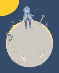 Rule 34 | 1boy, blue flower, blue hair, blue rose, blue scarf, coat, commentary, crater, flower, glass container, highres, kaito (vocaloid), kamada (yamadarou), le petit prince, male focus, moon, parody, rose, scarf, shovel, sitting, sitting on moon, space, star (sky), sun, vocaloid
