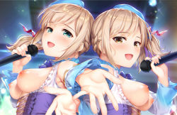 Rule 34 | 2girls, blue bow, blue bowtie, blue headwear, blurry, blurry background, blush, bow, bowtie, braid, breasts, breasts out, breath, brown eyes, brown hair, frills, green eyes, hair ornament, hat, highres, holding, holding microphone, looking at viewer, medium breasts, microphone, multiple girls, music, open mouth, original, outstretched arm, outstretched hand, reaching, reaching towards viewer, siblings, singing, twins, umakuchi shouyu