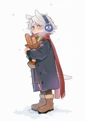 Rule 34 | 1boy, aged down, animal ears, blue eyes, bread, devil may cry (series), dog boy, dog ears, dog tail, food, highres, hood, jacket, long hair, lunaticanis, male focus, nero (devil may cry), open mouth, simple background, tail, white background, white hair, winter, winter clothes