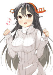 Rule 34 | 10s, 1girl, :d, bad id, bad pixiv id, black hair, breasts, brown eyes, female focus, hair ornament, hairband, hairclip, haruna (kancolle), headgear, kankitsunabe (citrus), kantai collection, large breasts, long hair, open mouth, ribbed sweater, smile, solo, sweater, turtleneck