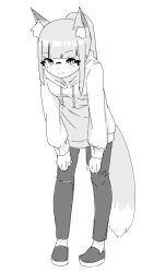 Rule 34 | 1girl, animal ear fluff, animal ears, blush, closed mouth, drawstring, fox ears, fox girl, fox tail, glasses, greyscale, highres, hood, hood down, hoodie, kuro kosyou, leaning forward, long hair, long sleeves, monochrome, original, pants, ponytail, puffy long sleeves, puffy sleeves, shoes, simple background, smile, solo, standing, tail, torn clothes, torn pants, white background