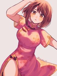 Rule 34 | 1girl, arm up, artist name, boku no hero academia, breasts, brown eyes, brown hair, china dress, chinese clothes, commentary, cowboy shot, dress, dutch angle, eyelashes, floating clothes, floral print, frog button, hiro aka 124, large breasts, looking at viewer, outstretched arm, parted lips, pink dress, short hair, short sleeves, side slit, signature, simple background, solo, toggles, twitter username, uraraka ochako, white background