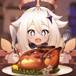 Rule 34 | + +, 1girl, :3, :d, absurdres, blurry, blurry background, blush, chicken (food), drooling, facing viewer, flower, food, fork, fruit, genshin impact, hair flaps, hair ornament, halo, high collar, highres, holding, holding fork, holding knife, hungry, indoors, knife, kurodae, lemon, mechanical halo, open mouth, paimon (genshin impact), plate, purple eyes, sauce, smile, solo, star (symbol), star hair ornament, sweet madame (genshin impact), white hair