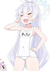 Rule 34 | 2girls, blue archive, blush, braid, cherino (blue archive), cherino (hot spring) (blue archive), closed eyes, commentary request, fake facial hair, fake mustache, grey hair, hairband, halo, hand on own hip, hat, highres, junes, long hair, multiple girls, one-piece swimsuit, pink hair, school swimsuit, simple background, solo focus, sound effects, swimsuit, tomoe (blue archive), twin braids, very long hair, white background, white hairband, white headwear, white one-piece swimsuit